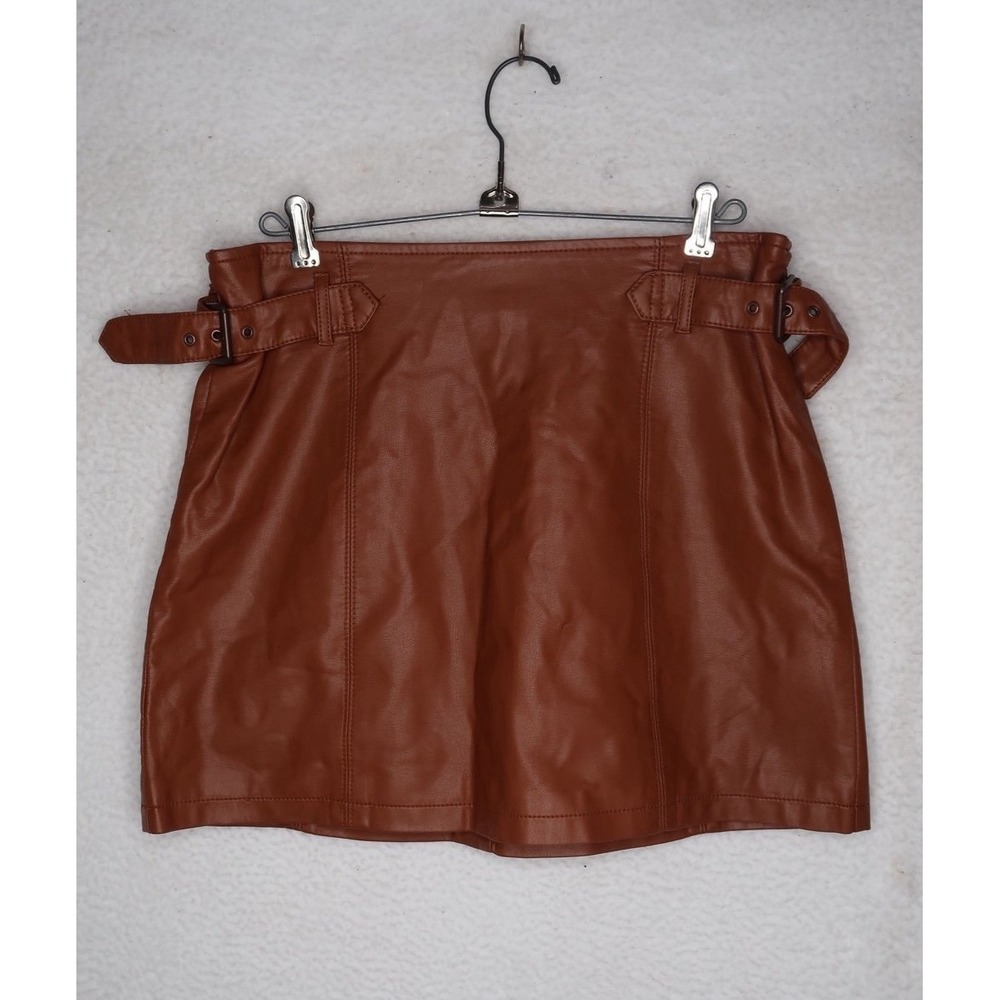 Free People Women's Brown Faux Leather Belted Mini Skirt Moto Sz 6‎ Boho Edgy